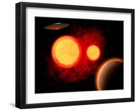 A Flying Saucer Flying Through a Binary Star System-Stocktrek Images-Framed Art Print