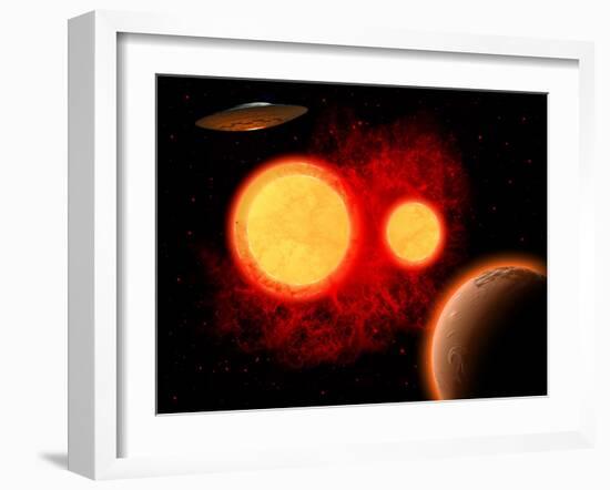 A Flying Saucer Flying Through a Binary Star System-Stocktrek Images-Framed Art Print