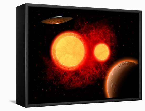A Flying Saucer Flying Through a Binary Star System-Stocktrek Images-Framed Stretched Canvas