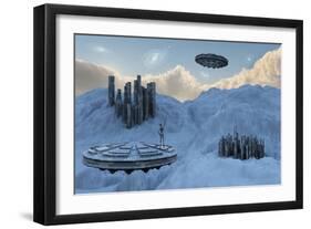 A Flying Saucer Returns to its Home Base High Up in the Mountains-null-Framed Art Print