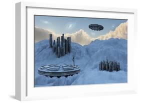 A Flying Saucer Returns to its Home Base High Up in the Mountains-null-Framed Art Print