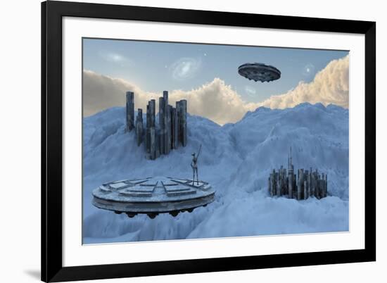 A Flying Saucer Returns to its Home Base High Up in the Mountains-null-Framed Art Print