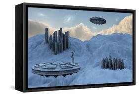 A Flying Saucer Returns to its Home Base High Up in the Mountains-null-Framed Stretched Canvas