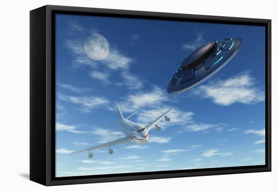 A Flying Suacer Buzzing a Boeing 747 Commercial Airliner-null-Framed Stretched Canvas