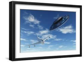 A Flying Suacer Buzzing a Boeing 747 Commercial Airliner-null-Framed Art Print