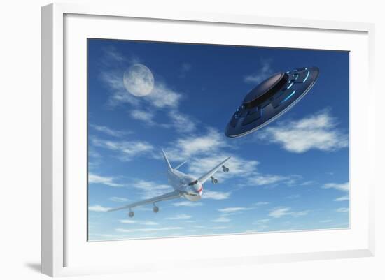 A Flying Suacer Buzzing a Boeing 747 Commercial Airliner-null-Framed Art Print