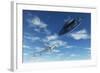 A Flying Suacer Buzzing a Boeing 747 Commercial Airliner-null-Framed Art Print