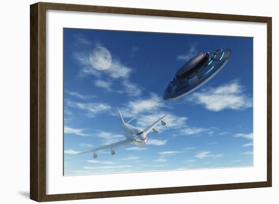 A Flying Suacer Buzzing a Boeing 747 Commercial Airliner-null-Framed Art Print