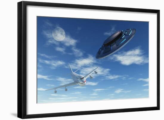 A Flying Suacer Buzzing a Boeing 747 Commercial Airliner-null-Framed Art Print
