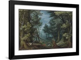 A Forest Landscape with Hunters Giving Chase to a Stag-Pieter Bruegel the Elder-Framed Premium Giclee Print