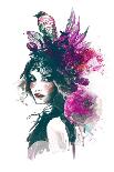 Ink Illustration with Painted Girl, Birds and Leafs-A Frants-Art Print