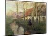 A French River Landscape with a Woman by Cottages-Thaulow-Mounted Giclee Print