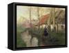 A French River Landscape with a Woman by Cottages-Thaulow-Framed Stretched Canvas