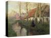 A French River Landscape with a Woman by Cottages-Thaulow-Stretched Canvas