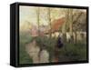 A French River Landscape with a Woman by Cottages-Thaulow-Framed Stretched Canvas