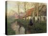 A French River Landscape with a Woman by Cottages-Thaulow-Stretched Canvas