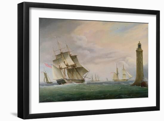 A Frigate and a Naval Brig Passing the Eddystone Lighthouse-Thomas L. Hornbrook-Framed Giclee Print