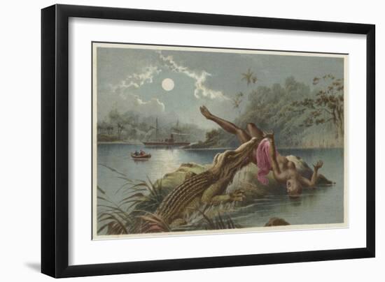 A Frightful Incident, Crocodile Attacking Native Girl-null-Framed Giclee Print