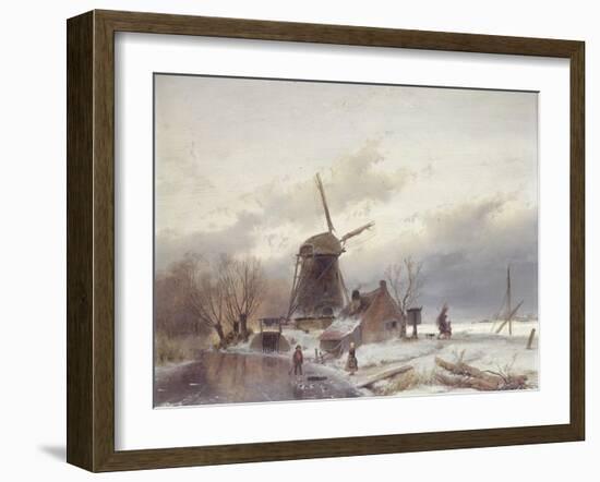 A Frozen River Landscape with a Windmill-Andreas Schelfhout-Framed Giclee Print