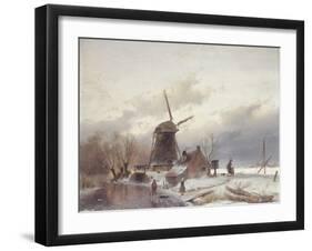 A Frozen River Landscape with a Windmill-Andreas Schelfhout-Framed Giclee Print