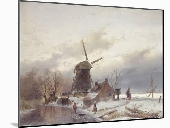 A Frozen River Landscape with a Windmill-Andreas Schelfhout-Mounted Giclee Print