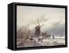 A Frozen River Landscape with a Windmill-Andreas Schelfhout-Framed Stretched Canvas