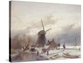 A Frozen River Landscape with a Windmill-Andreas Schelfhout-Stretched Canvas