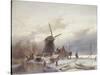 A Frozen River Landscape with a Windmill-Andreas Schelfhout-Stretched Canvas