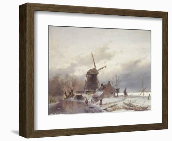 A Frozen River Landscape with a Windmill-Andreas Schelfhout-Framed Giclee Print