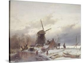 A Frozen River Landscape with a Windmill-Sir Lawrence Alma-Tadema-Stretched Canvas