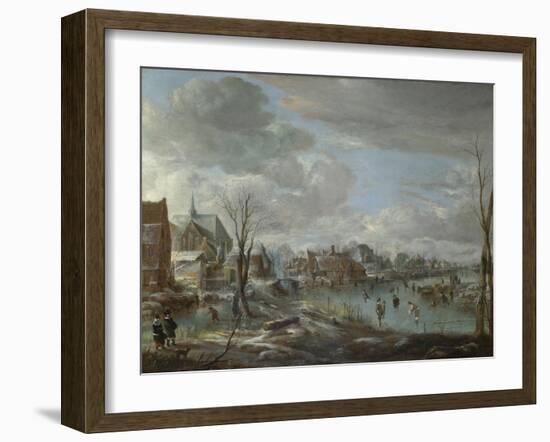 A Frozen River Near a Village, with Golfers and Skaters, C. 1647-1648-Aert van der Neer-Framed Giclee Print