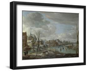 A Frozen River Near a Village, with Golfers and Skaters, C. 1647-1648-Aert van der Neer-Framed Giclee Print