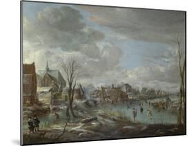 A Frozen River Near a Village, with Golfers and Skaters, C. 1647-1648-Aert van der Neer-Mounted Giclee Print