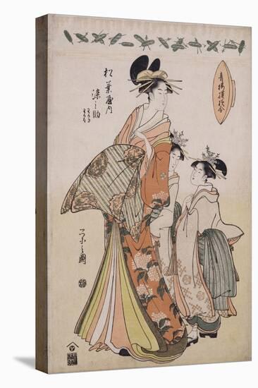 A Full Length Portrait of the Courtesan Somenosuke Accompanied by Two Kamuro-Chokosai Eisho-Stretched Canvas