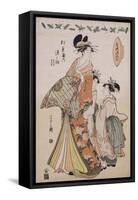 A Full-Length Portrait of the Courtesan Somenosuke Accompanied by Two Kamuro-Chobunsai Eishi-Framed Stretched Canvas
