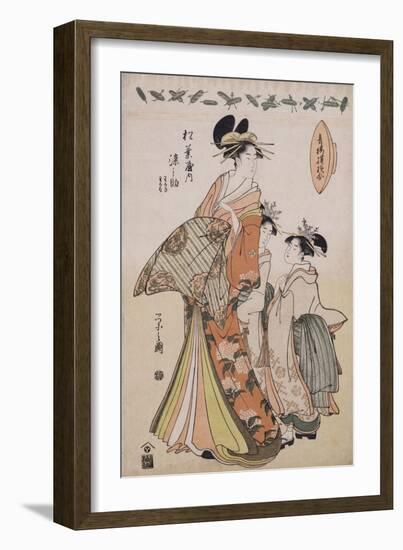 A Full-Length Portrait of the Courtesan Somenosuke Accompanied by Two Kamuro-Chobunsai Eishi-Framed Giclee Print