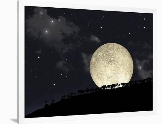 A Full Moon Rising Behind a Row of Hilltop Trees-null-Framed Art Print