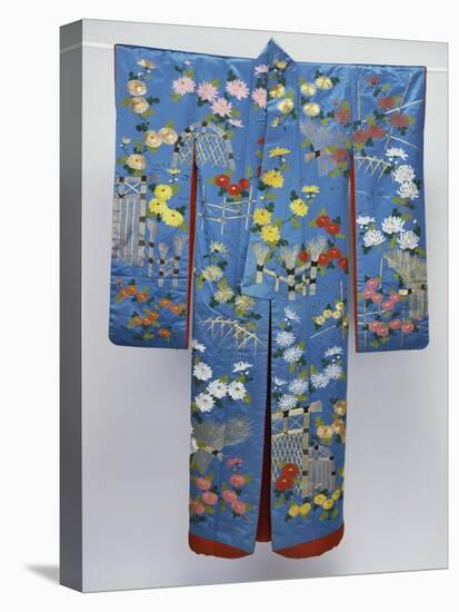 A Furisode of Sky Blue Silk Satin Embroidered in Coloured Silks and Couched Gilt Threads with…-null-Stretched Canvas