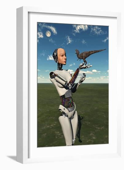 A Futuristic Android Holding a Baby Tyrannosaurus Rex in its Hands-null-Framed Art Print