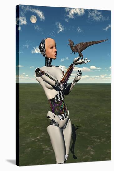 A Futuristic Android Holding a Baby Tyrannosaurus Rex in its Hands-null-Stretched Canvas