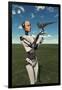 A Futuristic Android Holding a Baby Tyrannosaurus Rex in its Hands-null-Framed Art Print