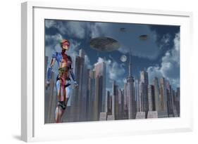 A Futuristic City Where Robots and Flying Saucers are Common Place-Stocktrek Images-Framed Art Print