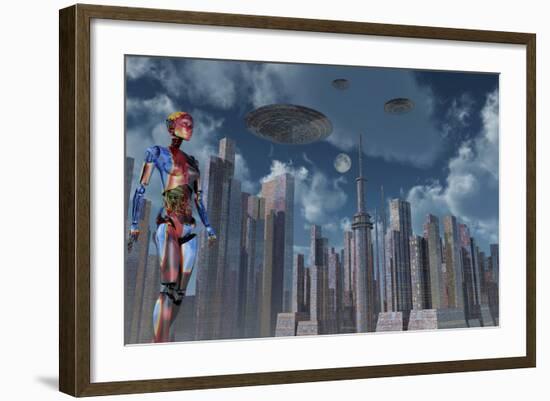 A Futuristic City Where Robots and Flying Saucers are Common Place-Stocktrek Images-Framed Art Print