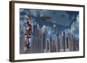 A Futuristic City Where Robots and Flying Saucers are Common Place-Stocktrek Images-Framed Art Print