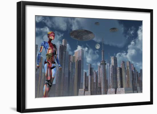 A Futuristic City Where Robots and Flying Saucers are Common Place-Stocktrek Images-Framed Art Print