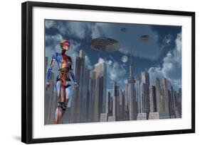 A Futuristic City Where Robots and Flying Saucers are Common Place-Stocktrek Images-Framed Art Print