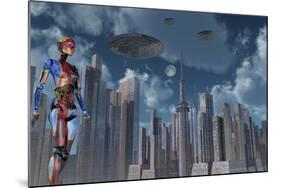 A Futuristic City Where Robots and Flying Saucers are Common Place-Stocktrek Images-Mounted Art Print