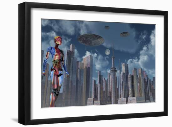 A Futuristic City Where Robots and Flying Saucers are Common Place-Stocktrek Images-Framed Art Print