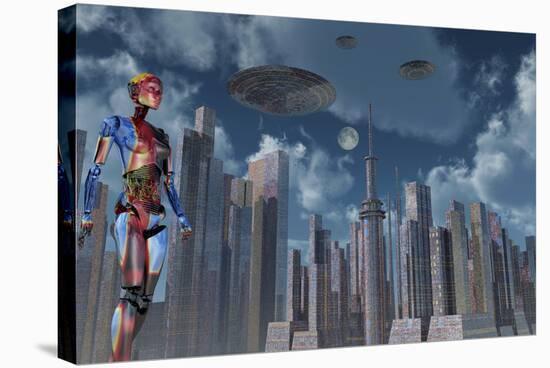 A Futuristic City Where Robots and Flying Saucers are Common Place-Stocktrek Images-Stretched Canvas