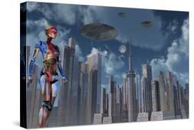 A Futuristic City Where Robots and Flying Saucers are Common Place-Stocktrek Images-Stretched Canvas